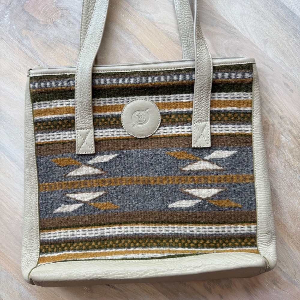 VTG Born Tote Bag Womens Large Cream Leather Wool Southwestern Geometric Boho